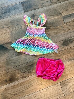 Posh Peanut Rainbow Butterfly smocked flutter sleeve babydoll top & bloomer set